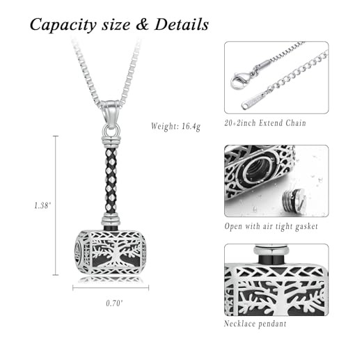 Viking Thor Hammer Cremation Jewelry for Ashes Tree of Life Hammer Silver