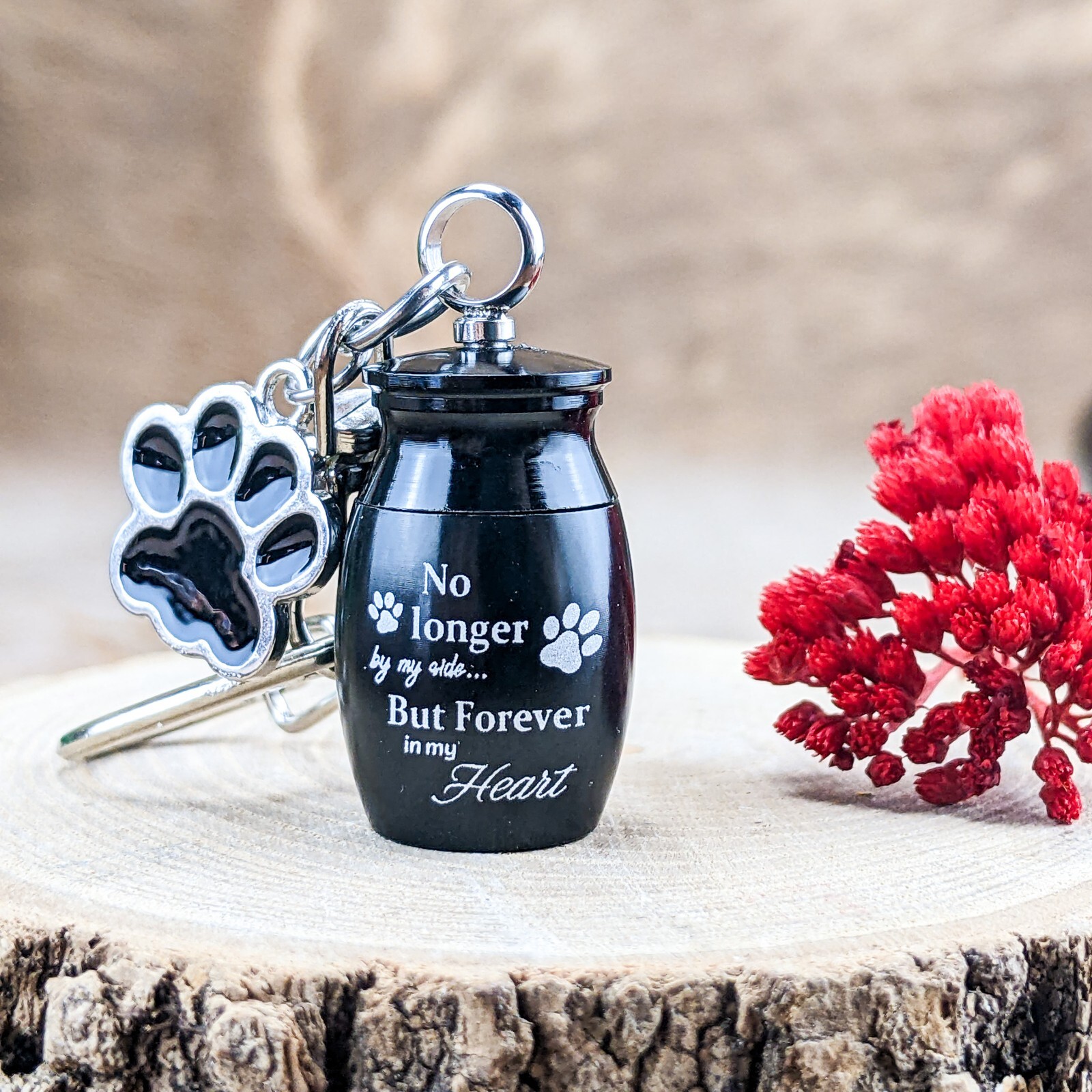 u16d Miniature blk ashes urn & Pet Paw charm Metal Cremation keychain mourning