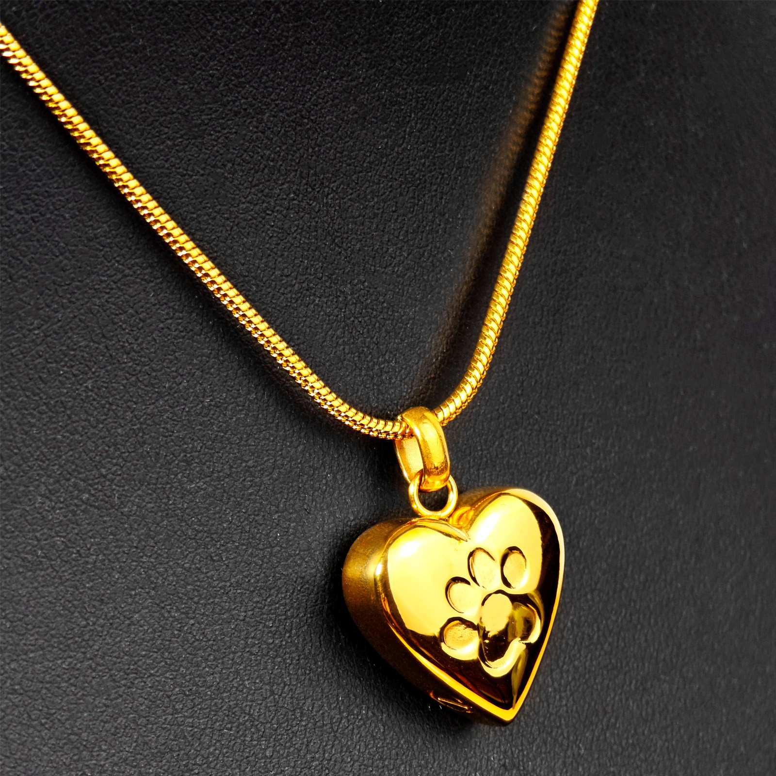 Gold Paw Print Heart Pet Ashes with paw prints Memorial Necklace For Dog & Cat