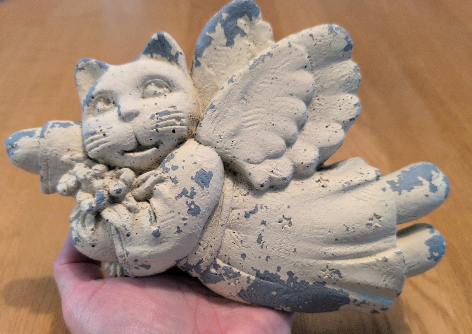 Vintage White Concrete Art Sculpture Angel Cat with wings, Memorial Plaque