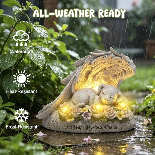 Solar Pet Memorial Garden Statue, Resin Dog Memorial Dog in Angel Wing