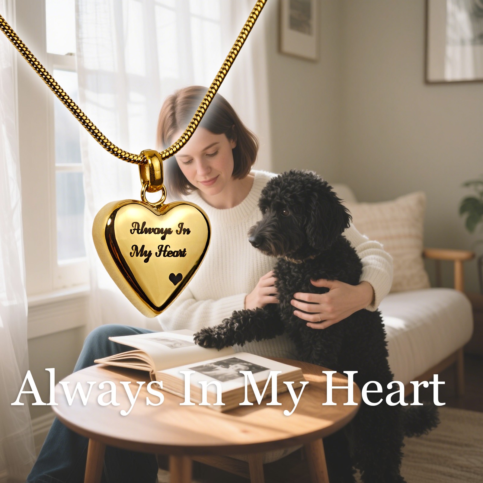 Gold Paw Print Heart Pet Ashes with paw prints Memorial Necklace For Dog & Cat