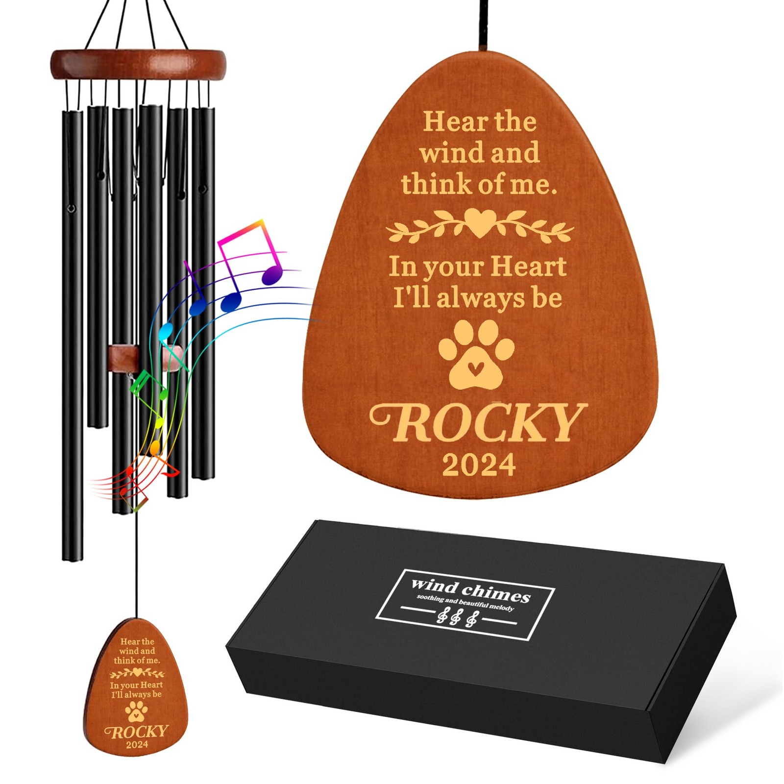 Personalized Dog Memorial Wind Chimes 25.5 Inch Sympathy Gift for Pet Loss Black