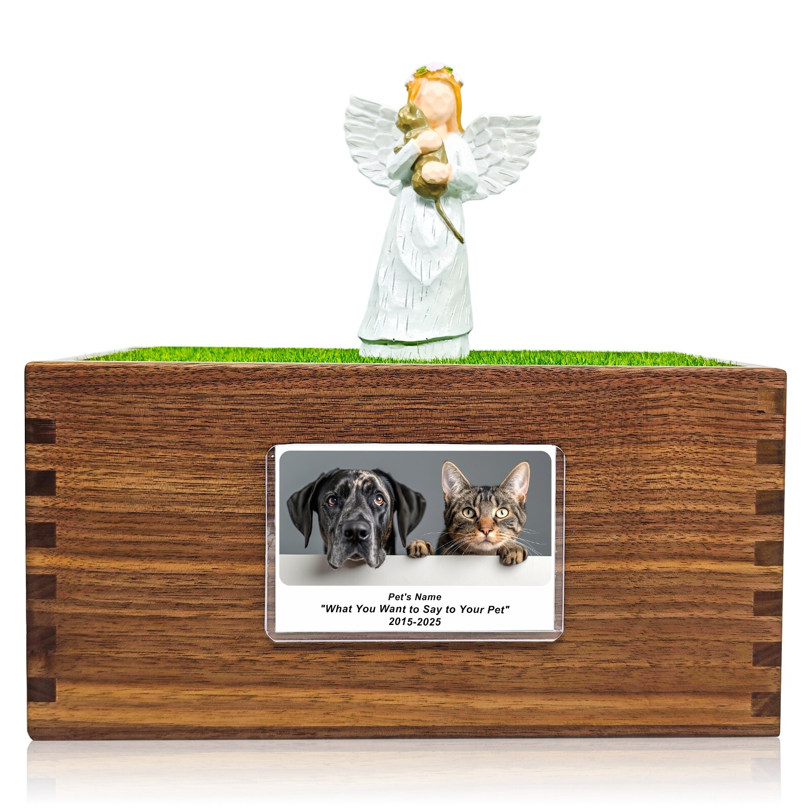 Cat Pet Memorial Urn Black Walnut Material With Photo Frame And Angel Sculpture