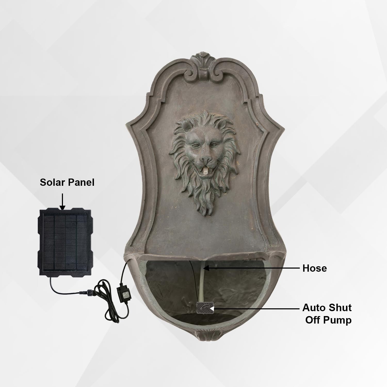 XBrand 26″ Solar-Powered Wall-Mounted Lion Head Fountain, Resin, Outdoor, Gray