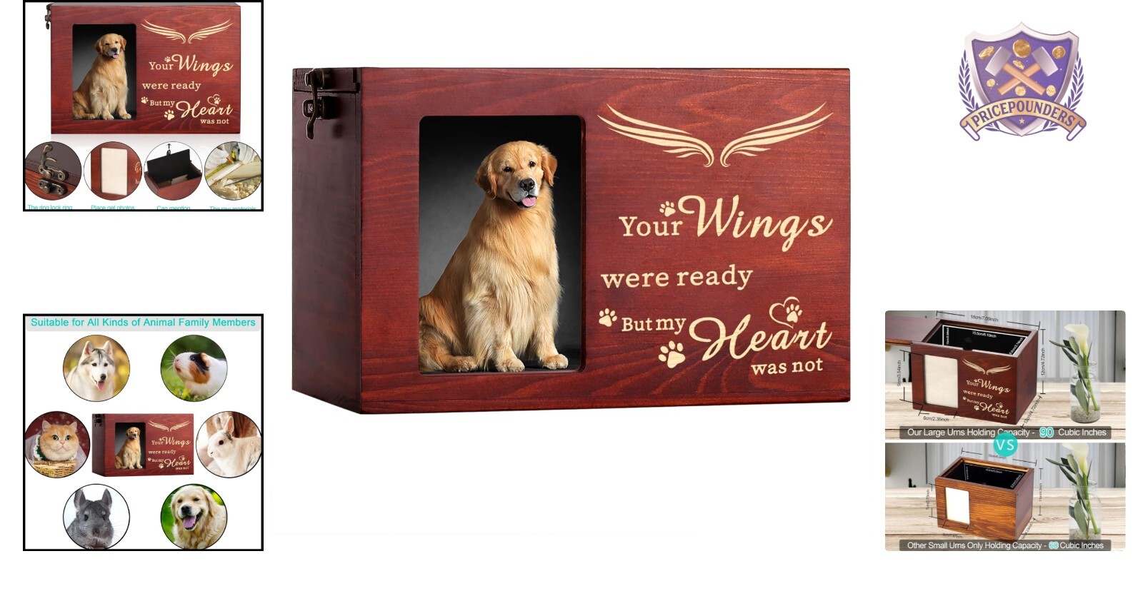 Handcrafted Pine Wood Pet Ashes Urn with Removable Photo Display & Lining