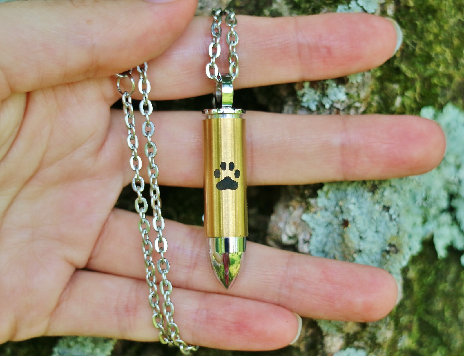 Mens Bullet Cremation Necklace Pendant Urn 4 Ashes LARGE VIAL Pet Paw Print Dog