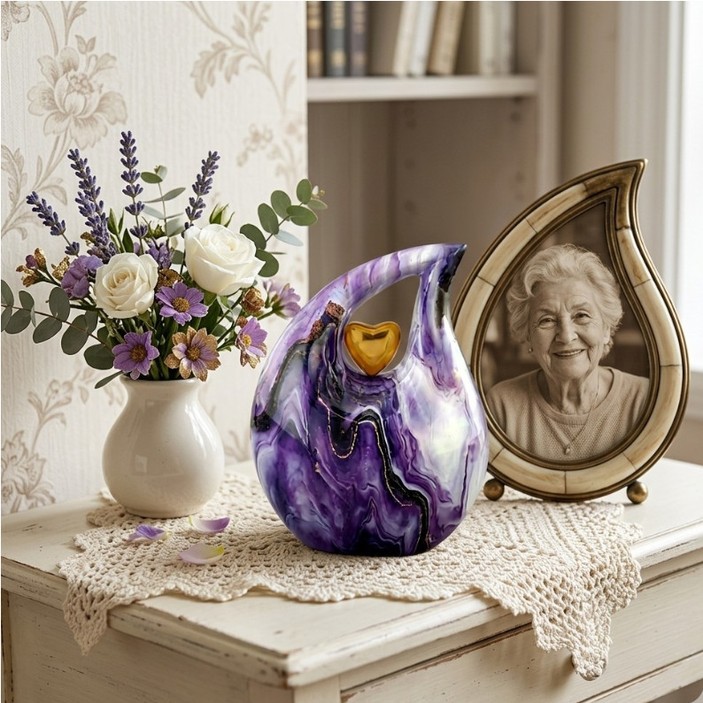 Purple White Marble Teardrop Cremation Urn Adult Human Ashes for Your Love Ones
