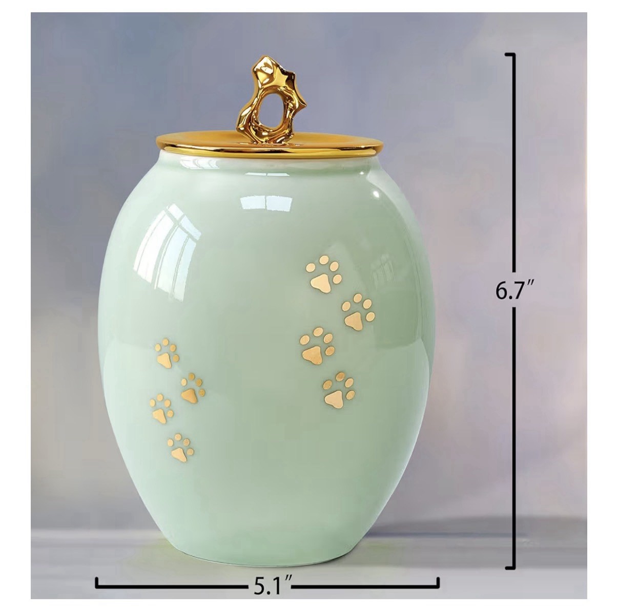 Medium Memorial Pet Urn Dog Cat Ashes Ceramic Pet up to 50LBS Gold Paw Prints