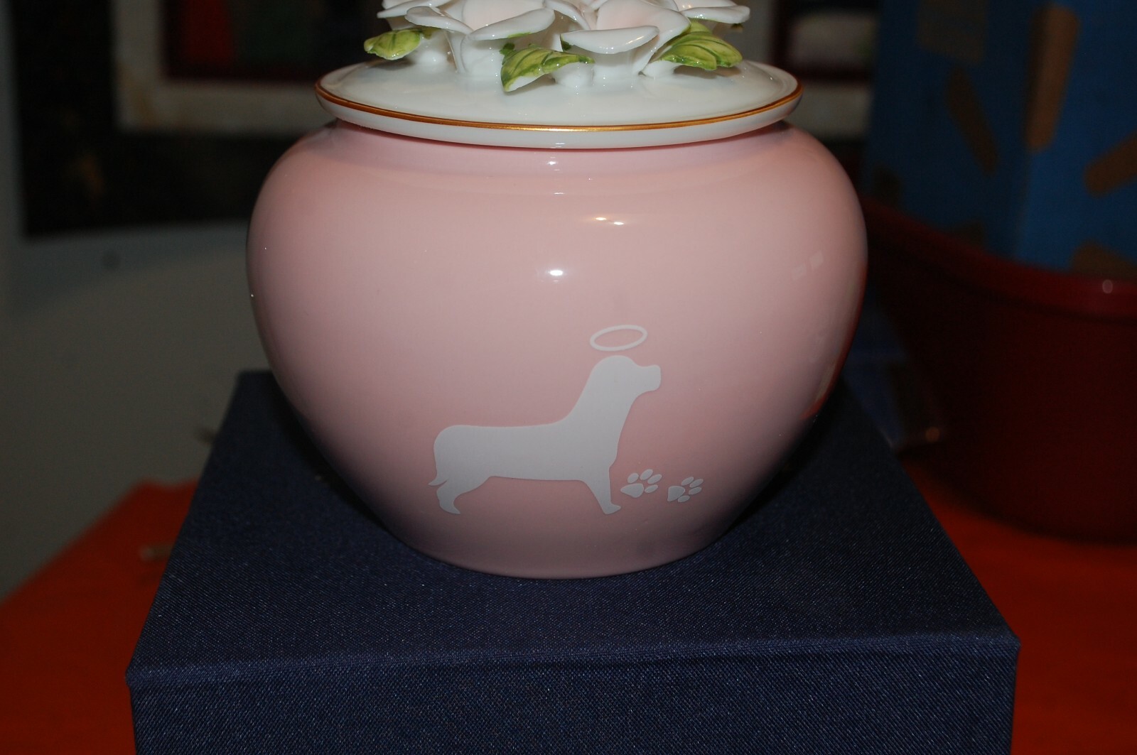 EXQUISITE PORCELAIN URN WITH CASE BLOSSOMS 5″ MEDIUM Size for Dogs BLUE OR PINK