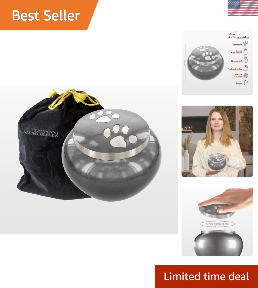 Durable Gray Pet Urn for Ashes – Paw Print Design for Beloved Pets Up to 25 lbs