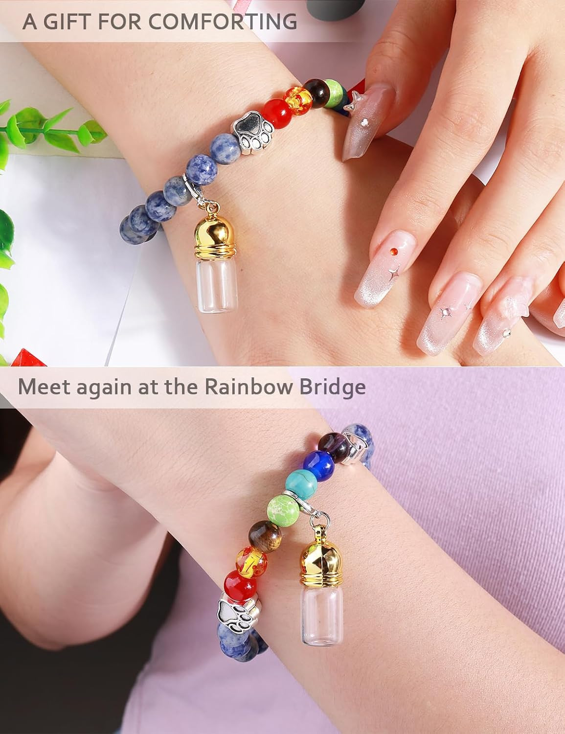 Pet Memorial Gift for Loss of Dogs Cat, Rainbow Bridge Glass Jar Bracelet, Cylin