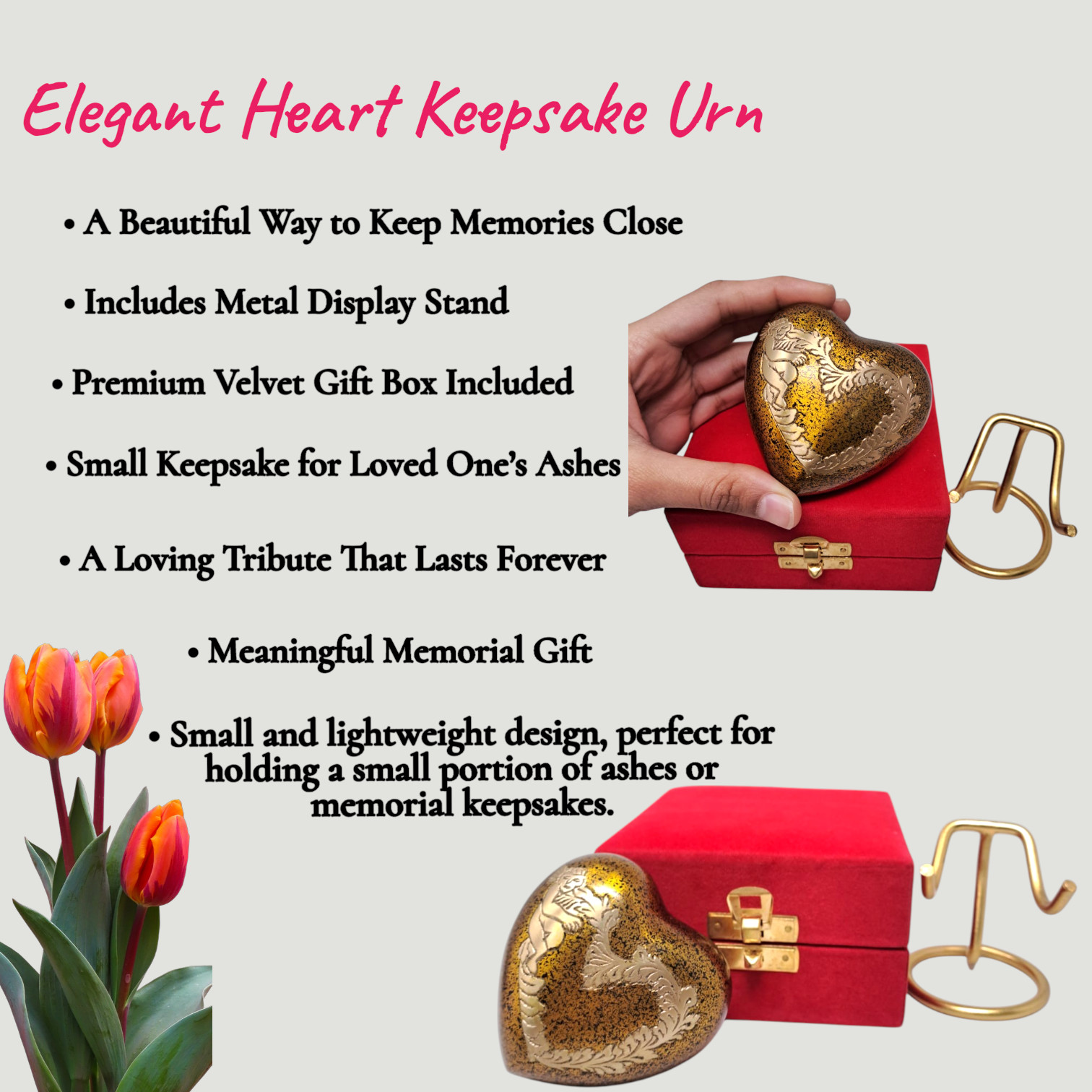 Mini Heart Cremation Keepsake Urn for Ashes with Stand & Box to Honor Loved Ones