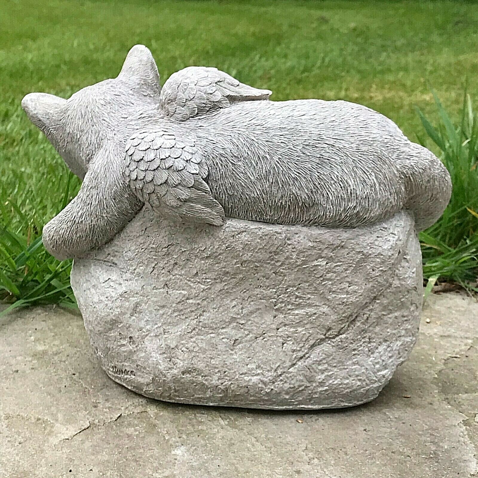 Large Cat with angel wings on stone memorial grave marker ornament pet loss gift