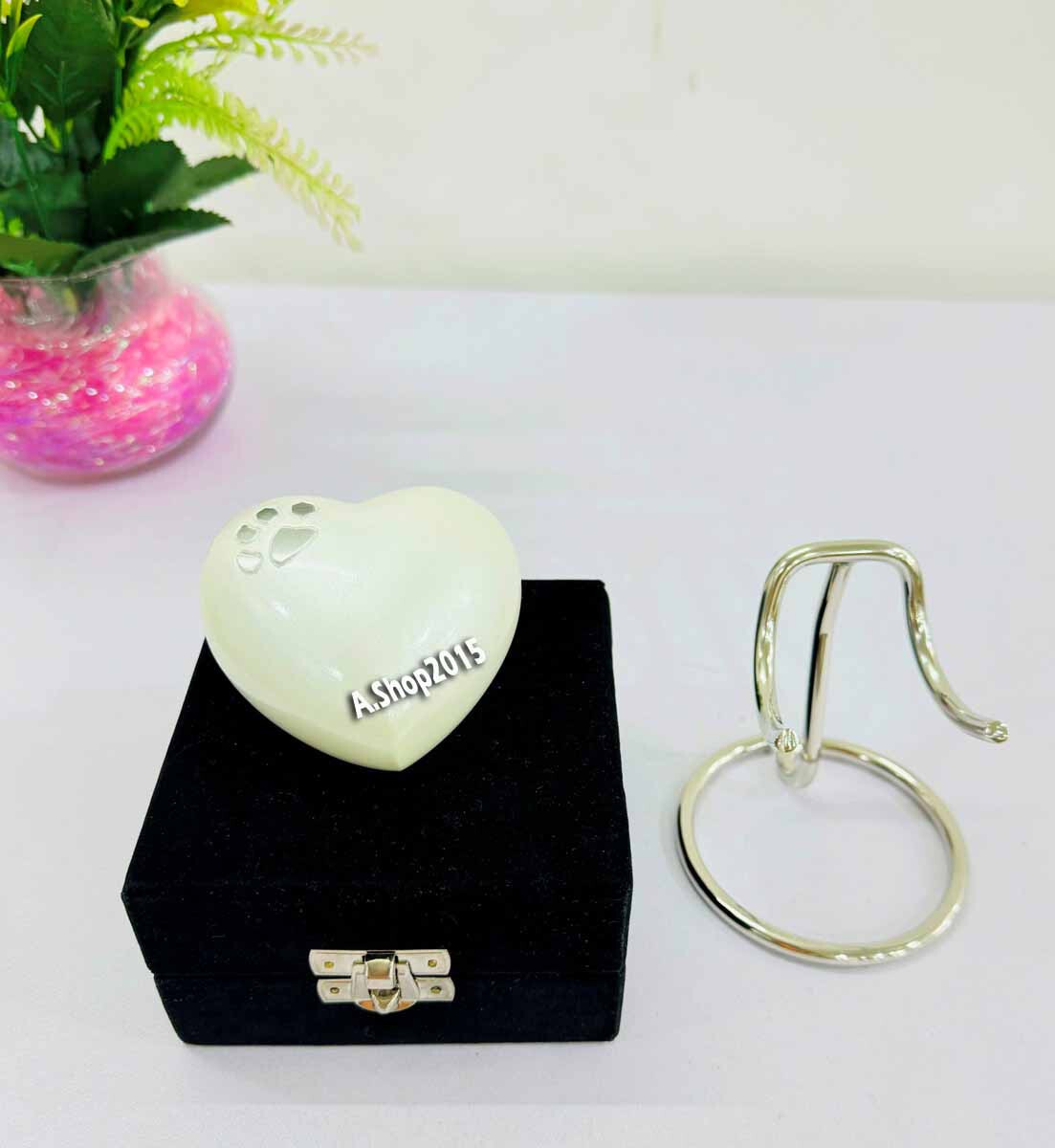 Cremation White Heart Urn for Ashes Memorial Mini Foot Print Urn w/Stand & Box