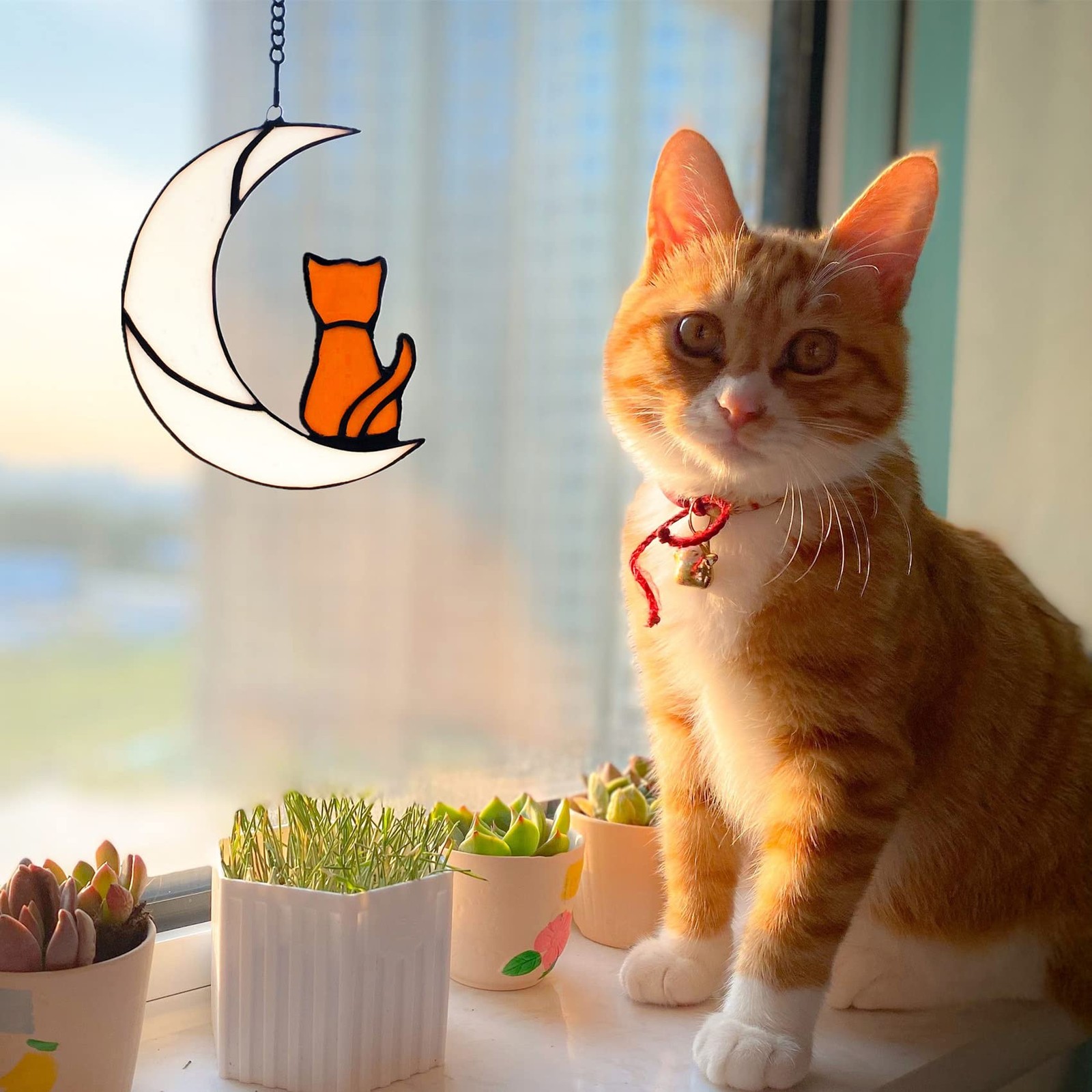 Orange Cat Glass Ornament for Cat Lovers, Tabby Cat Memorial Gift, Hanging Cat