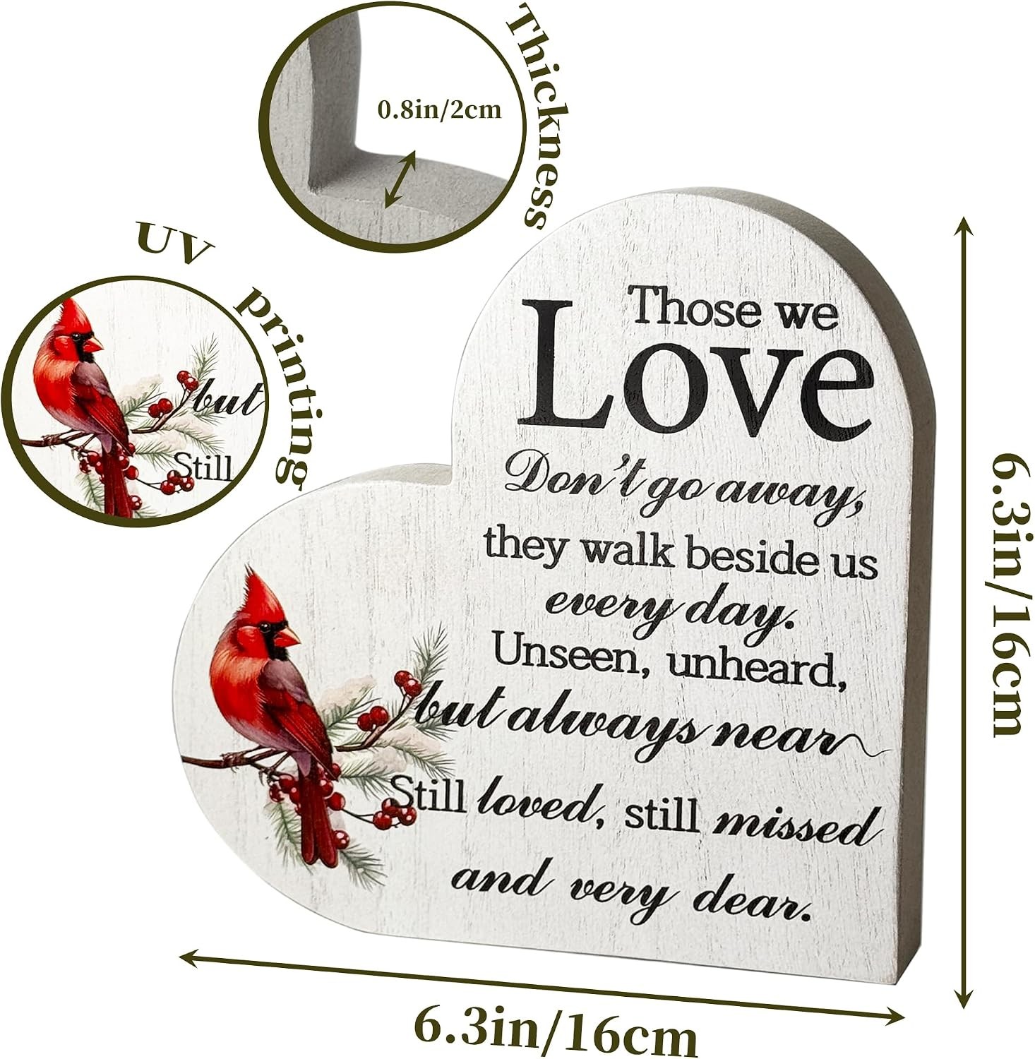 Wooden Heart Memorial Plaque Cardinal Sympathy Table Decor Bereavement Gift Sign