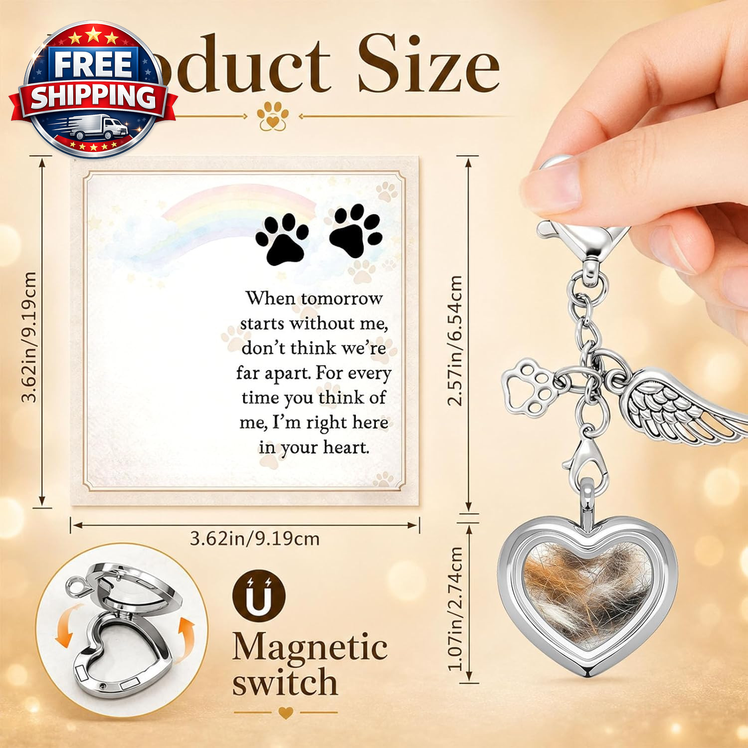 Dog Memorial Gift for Loss of Dog, Pet Hair Keepsake with Angel Wing Charm, Rain