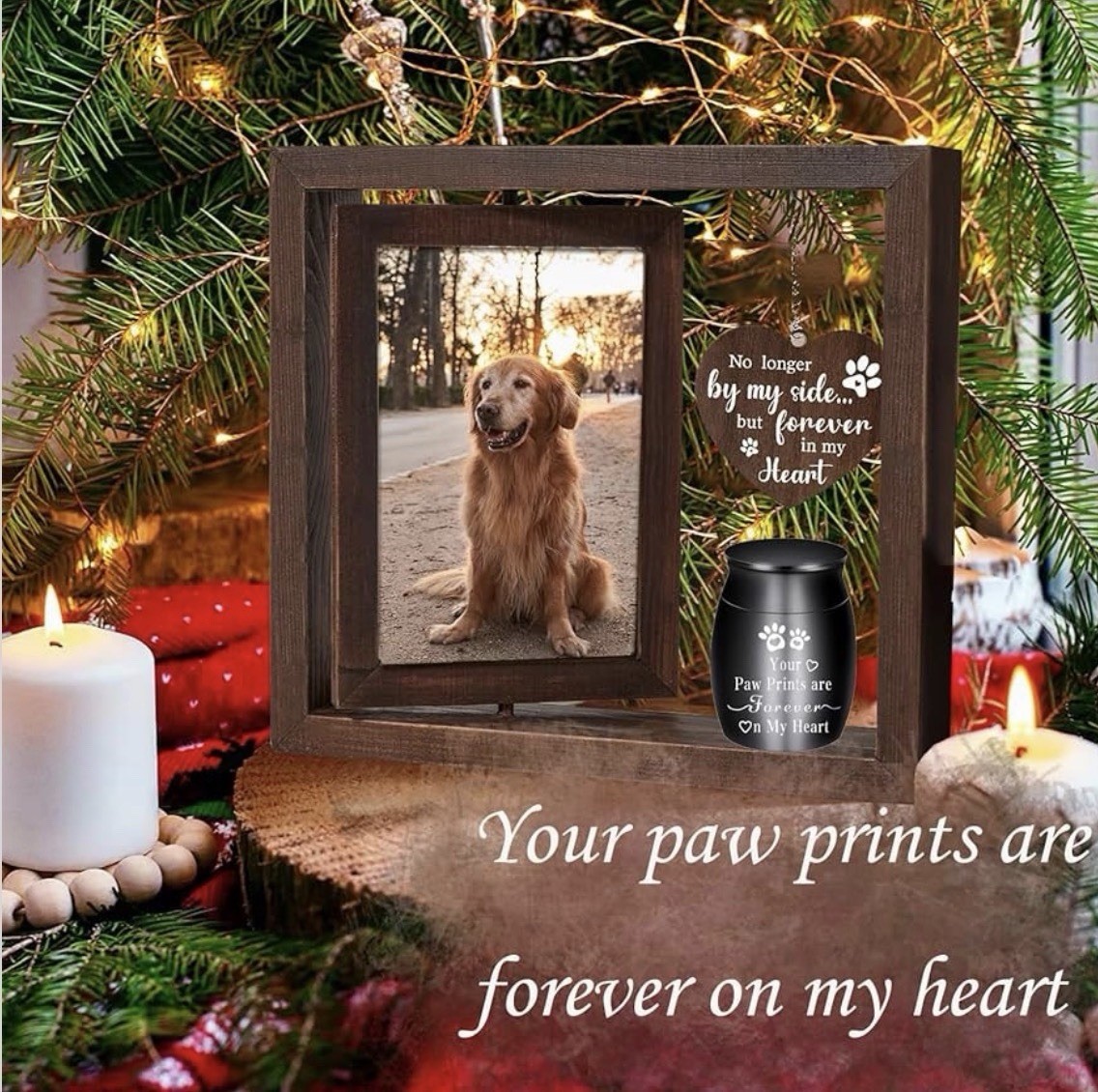 Dog Memorial Wooden Photo Frame Urn with Heart Plaque and Paw Prints Remembrance
