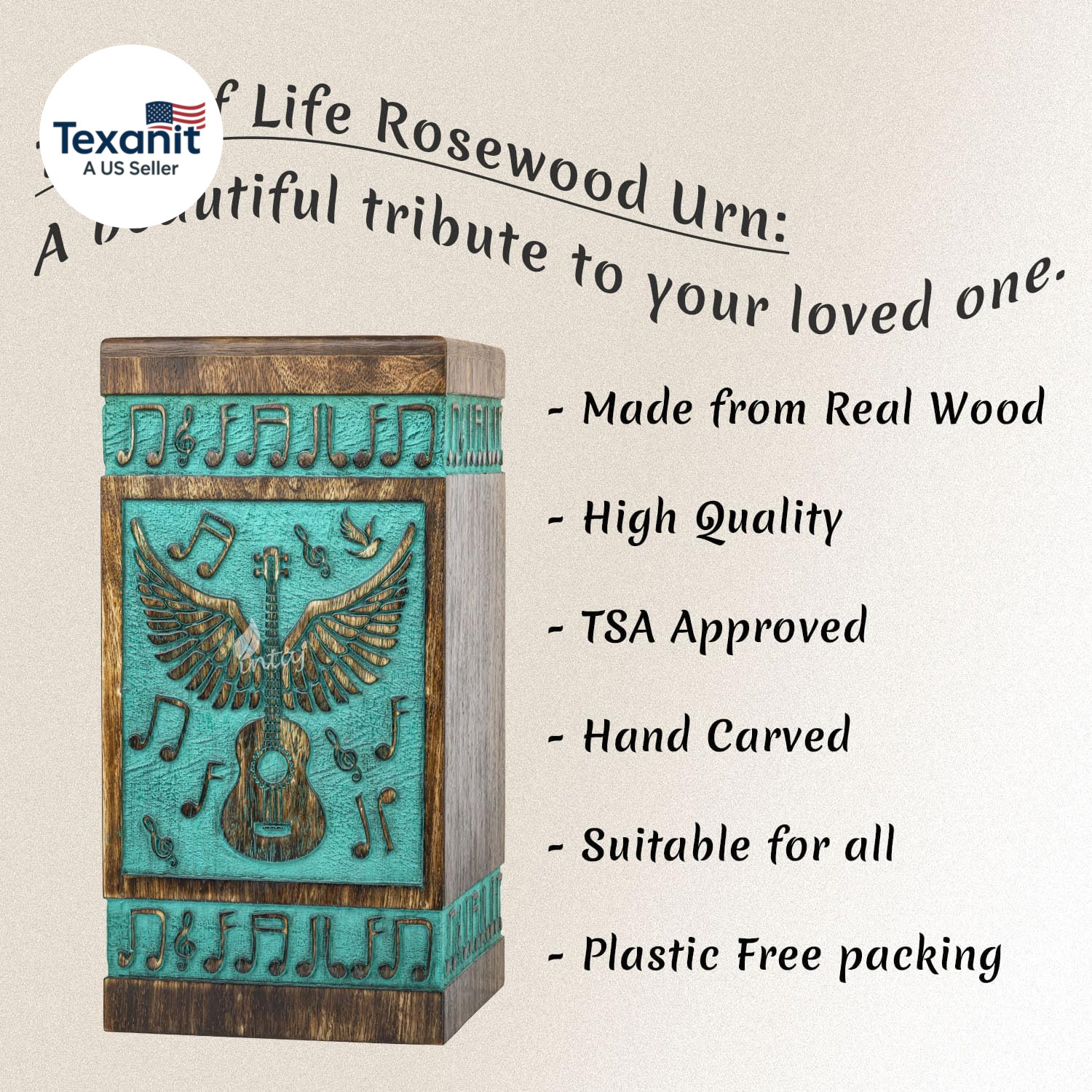 Rosewood Urn for Ashes – Guitar Wings Wooden Box for Human, Pet Ashes Hand-Craft