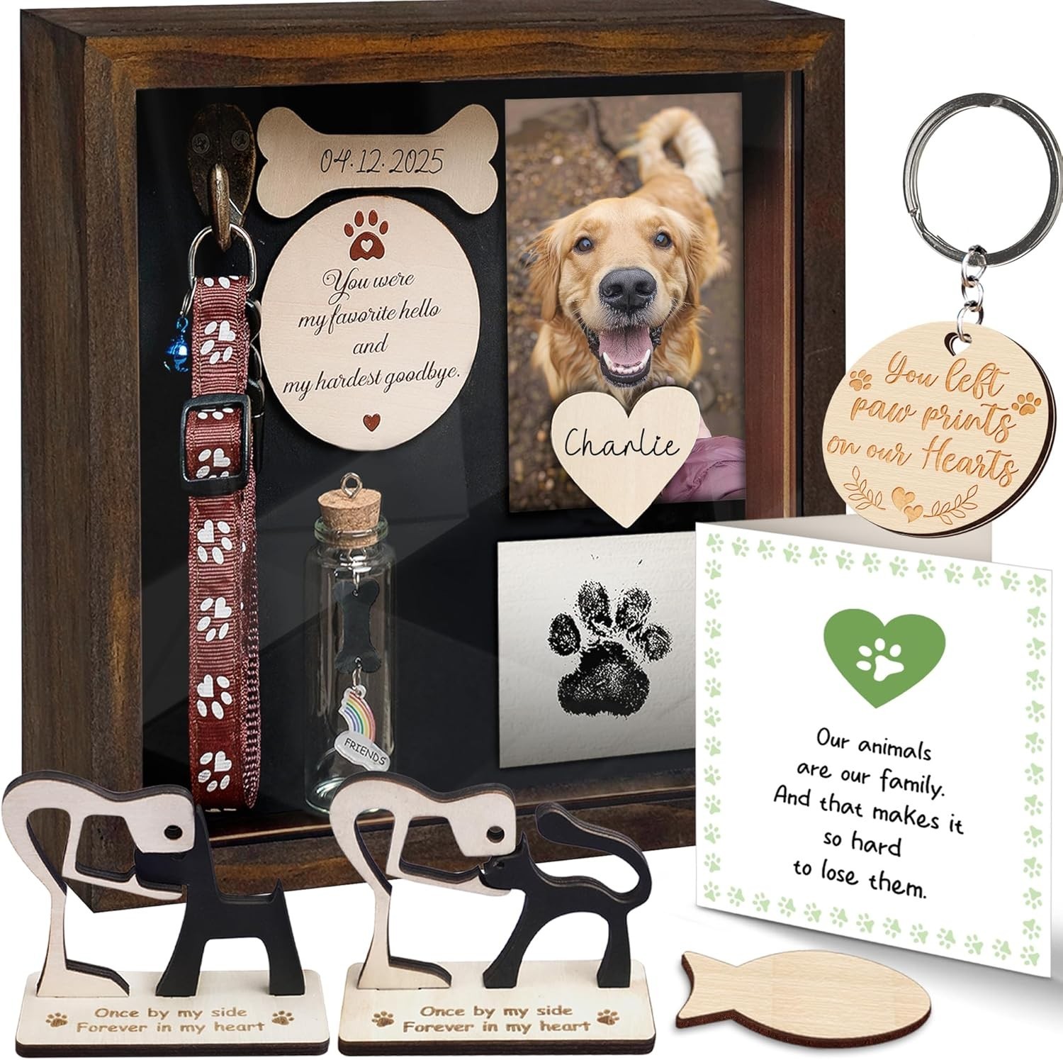 8.6” Rustic Pet Memorial Shadow Box with Collar Holder & Keepsakes