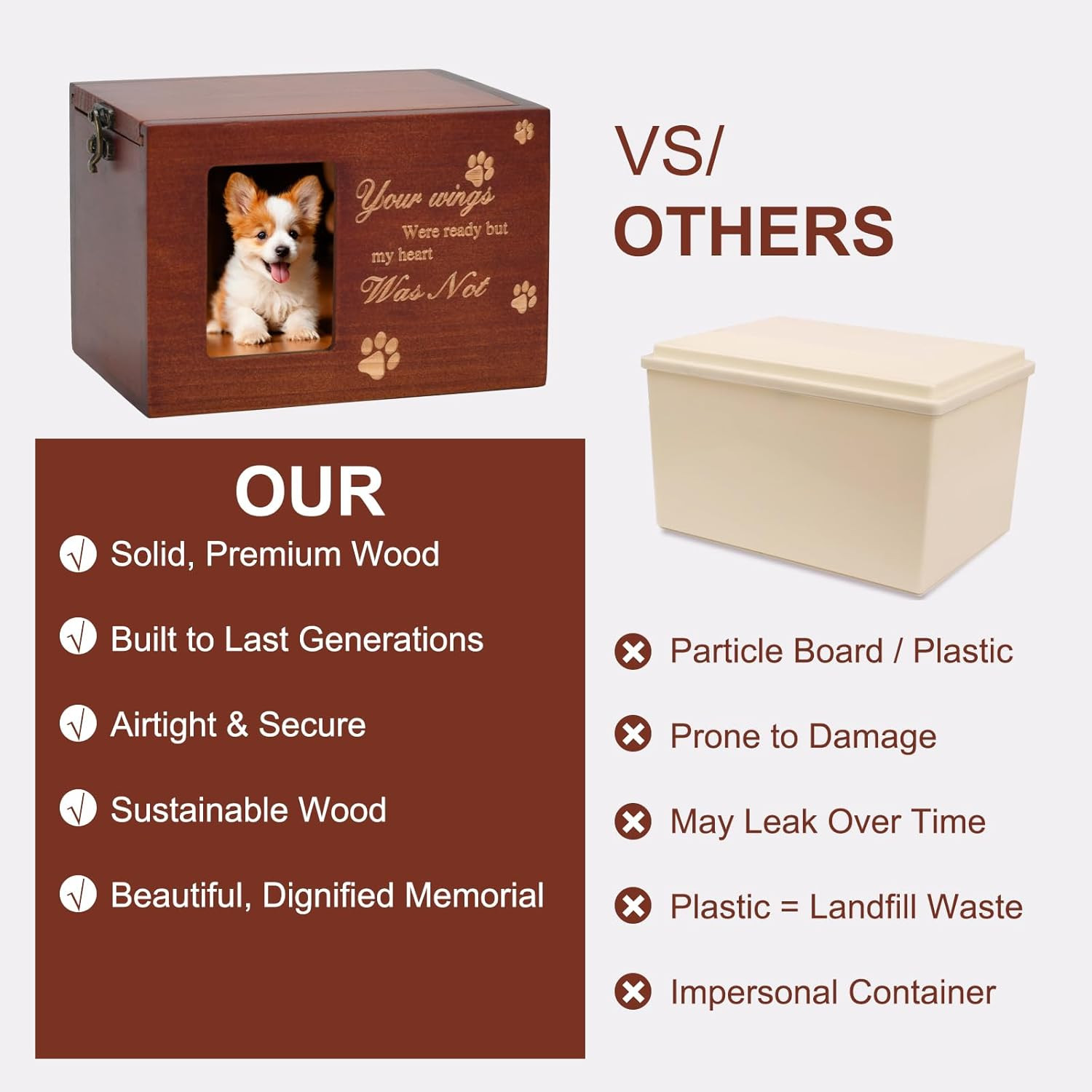 Pet Memorial Urns for Dog or Cat Ashes, Large Wooden Funeral Cremation Urns