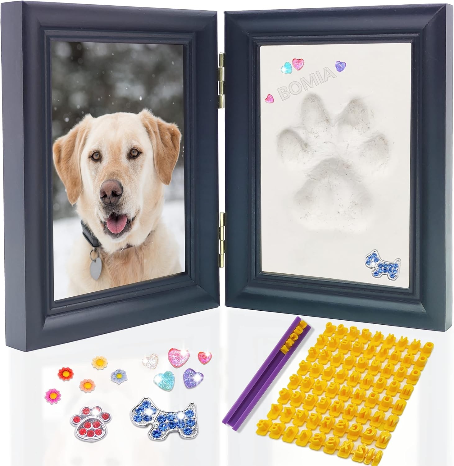 Black Pet Paw Print Kit with Frame, Trinkets & Clay for Memorial Keepsake