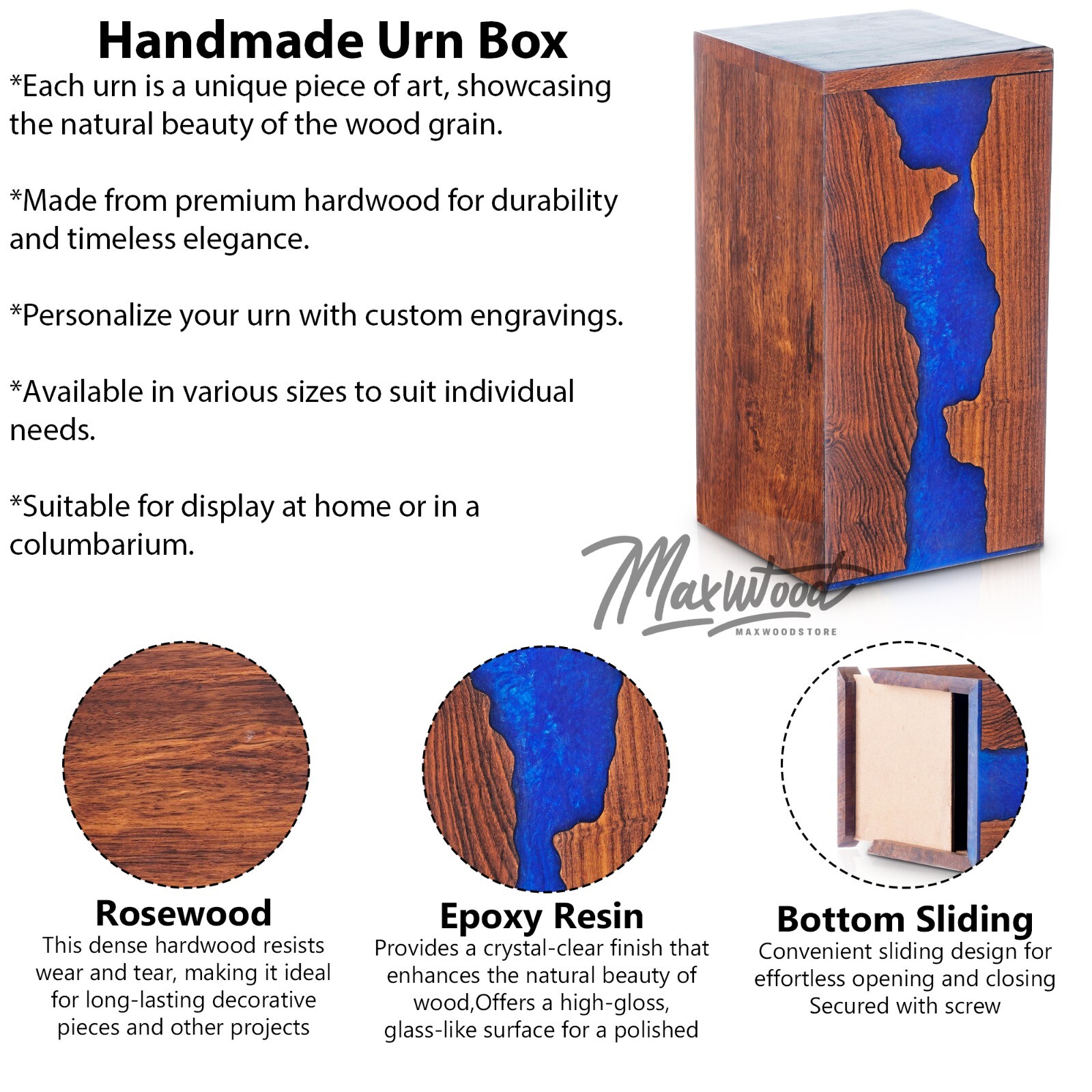Handcrafted Rosewood and Blue Resin Urn Box – Memorial for Humans Ashes