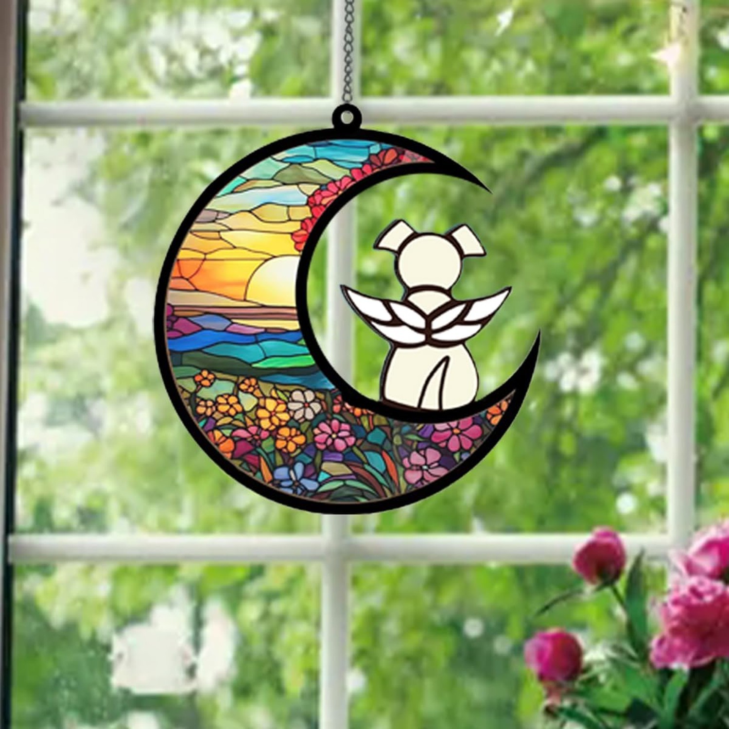Memorial Pet Sympathy Suncatcher – White Angel Dog on Flower Moon Beverage Ac…
