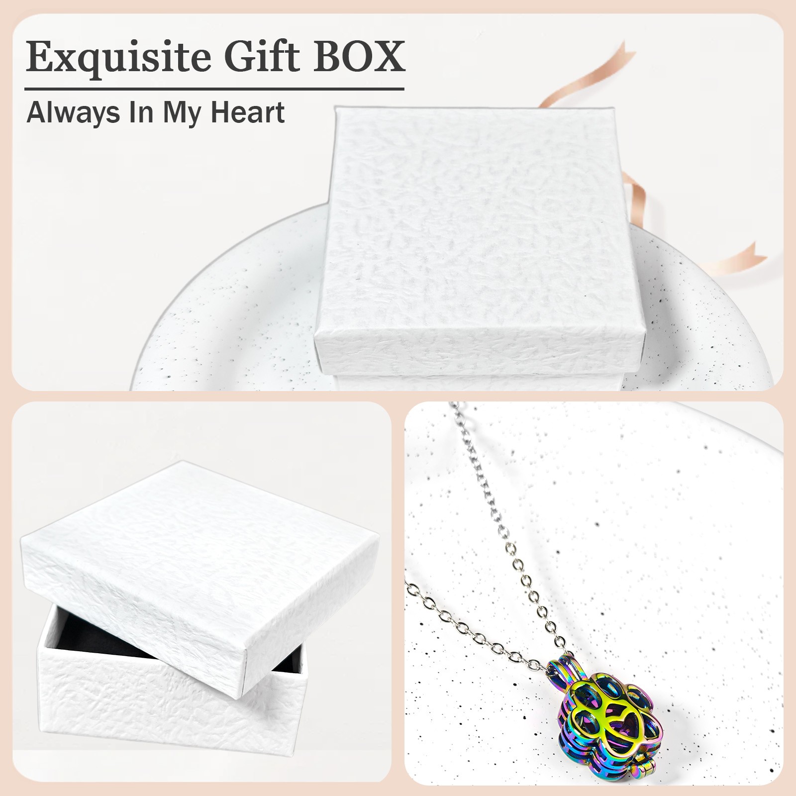 Rainbow Paw Print Heart Pet Ashes Memorial Necklace with Inner Box For Dog&Cat