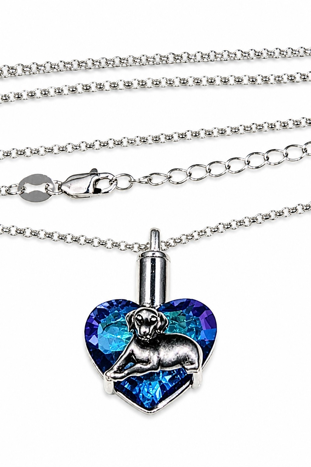 Sterling Silver Dog Cremation Urn Pendant Necklace – Blue/Purple Crystal Heart