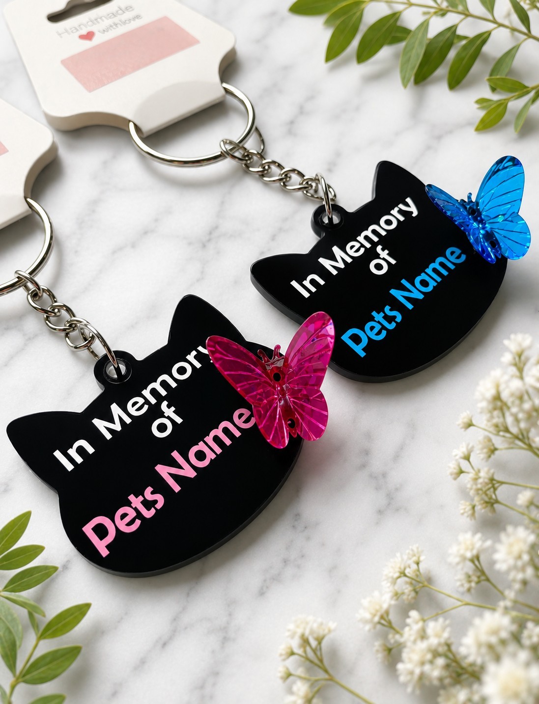 Personalized Cat Memorial Gift Handmade Keychain Butterfly Blue Or Pink