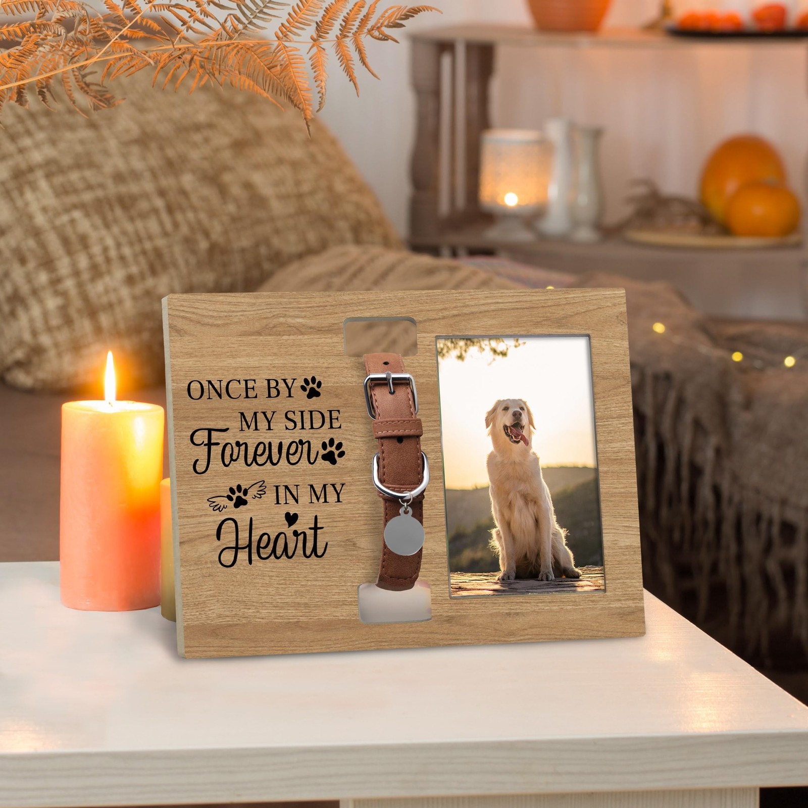 Dog Cat Pet Memorial Picture Frame with Collar Holder, 7×10 Inch, Wooden, Cla…