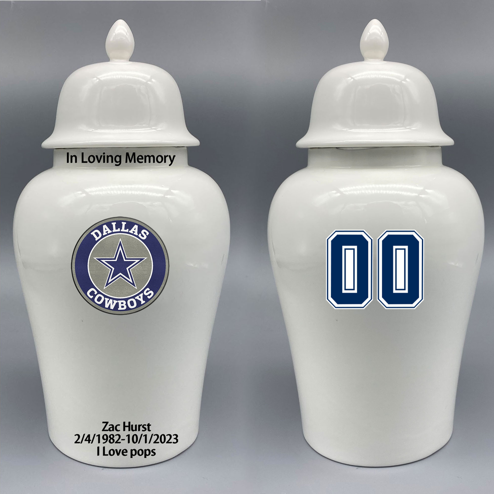 Ceramic Large Urn for Dallas Cowboys Football Theme, Custom Text & Number