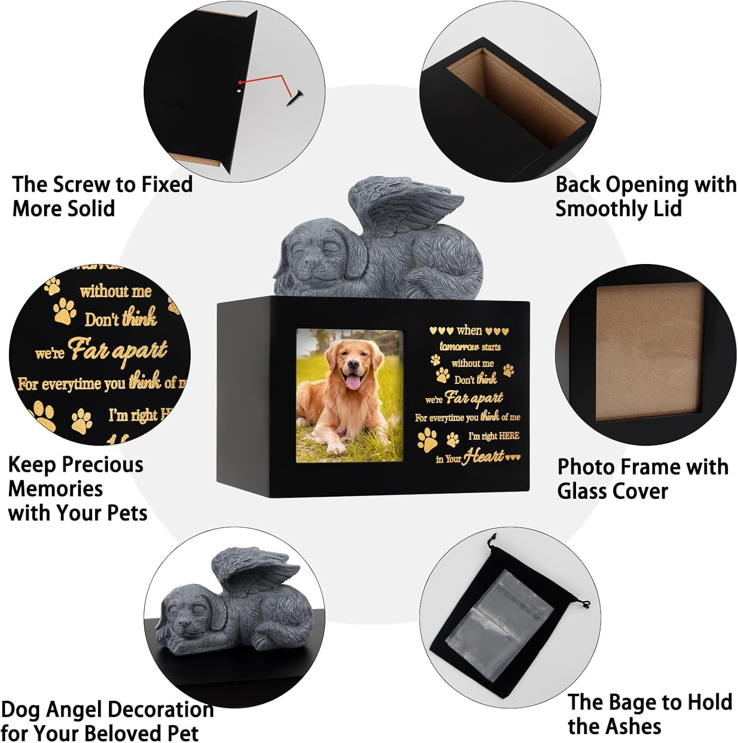 Large Wooden Pet Urn for Dog Cat Ashes with Angel Figurine and Photo Frame Black