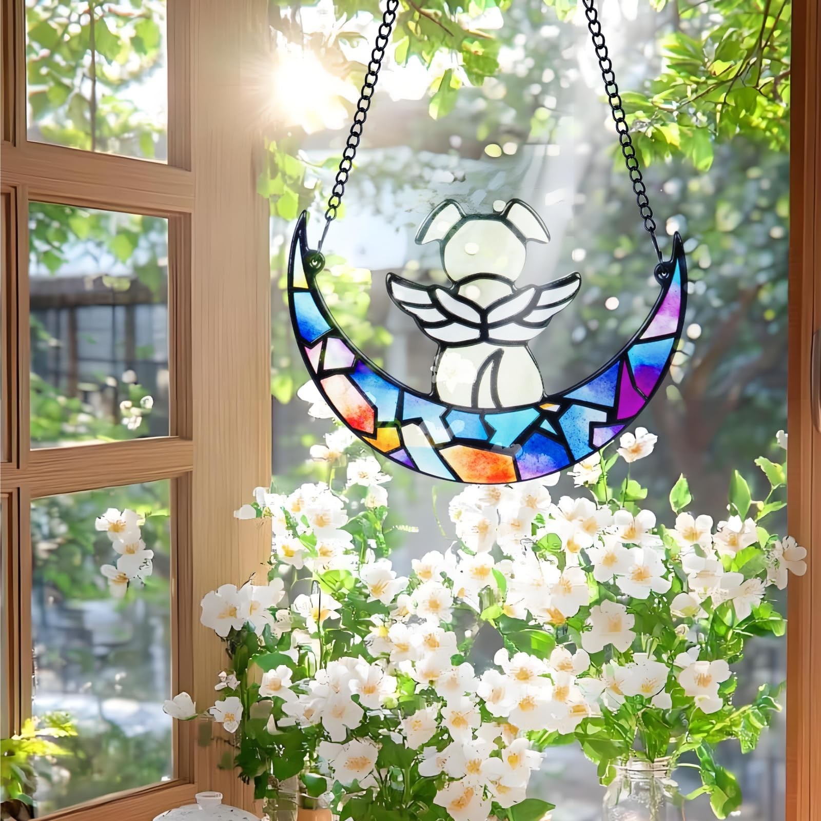 Stained Glass Angle Dog Memorial Suncatcher for Loss of Dog Sympathy Gifts, D…