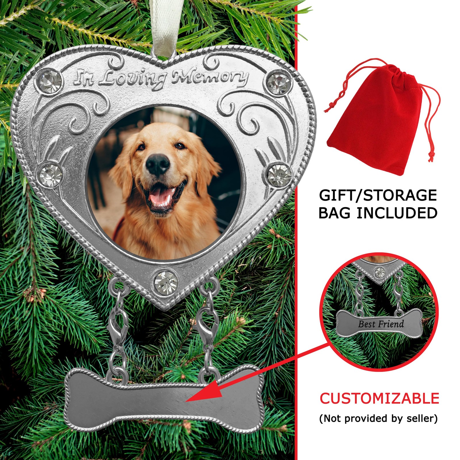 Dog Memorial Ornament – in Loving Memory – Photo Christmas Small, Silver