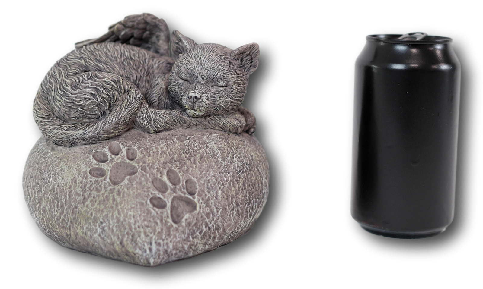 Pet Memorial Sleeping Angel Cat With Paw Prints Heart Shaped Rock Urn Statue