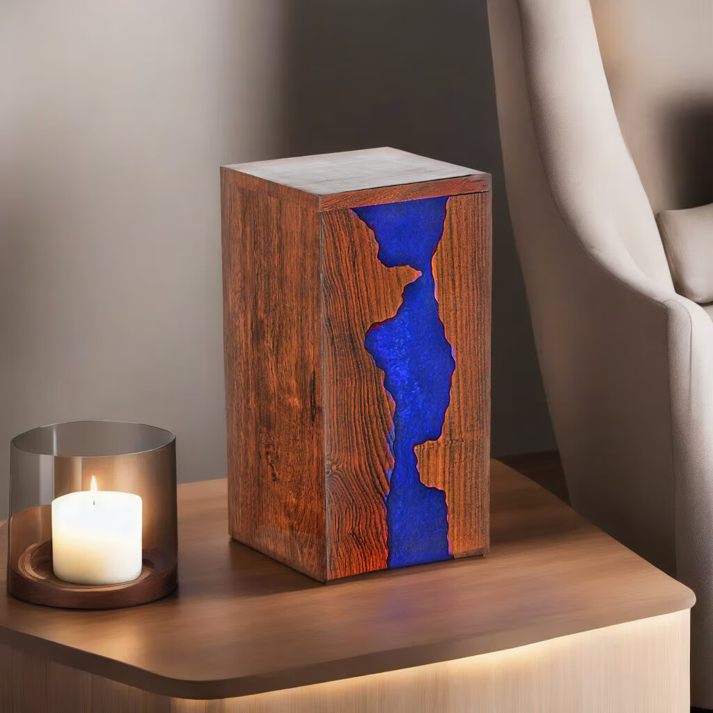 Handcrafted Rosewood and Blue Resin Urn Box – Memorial for Humans Ashes