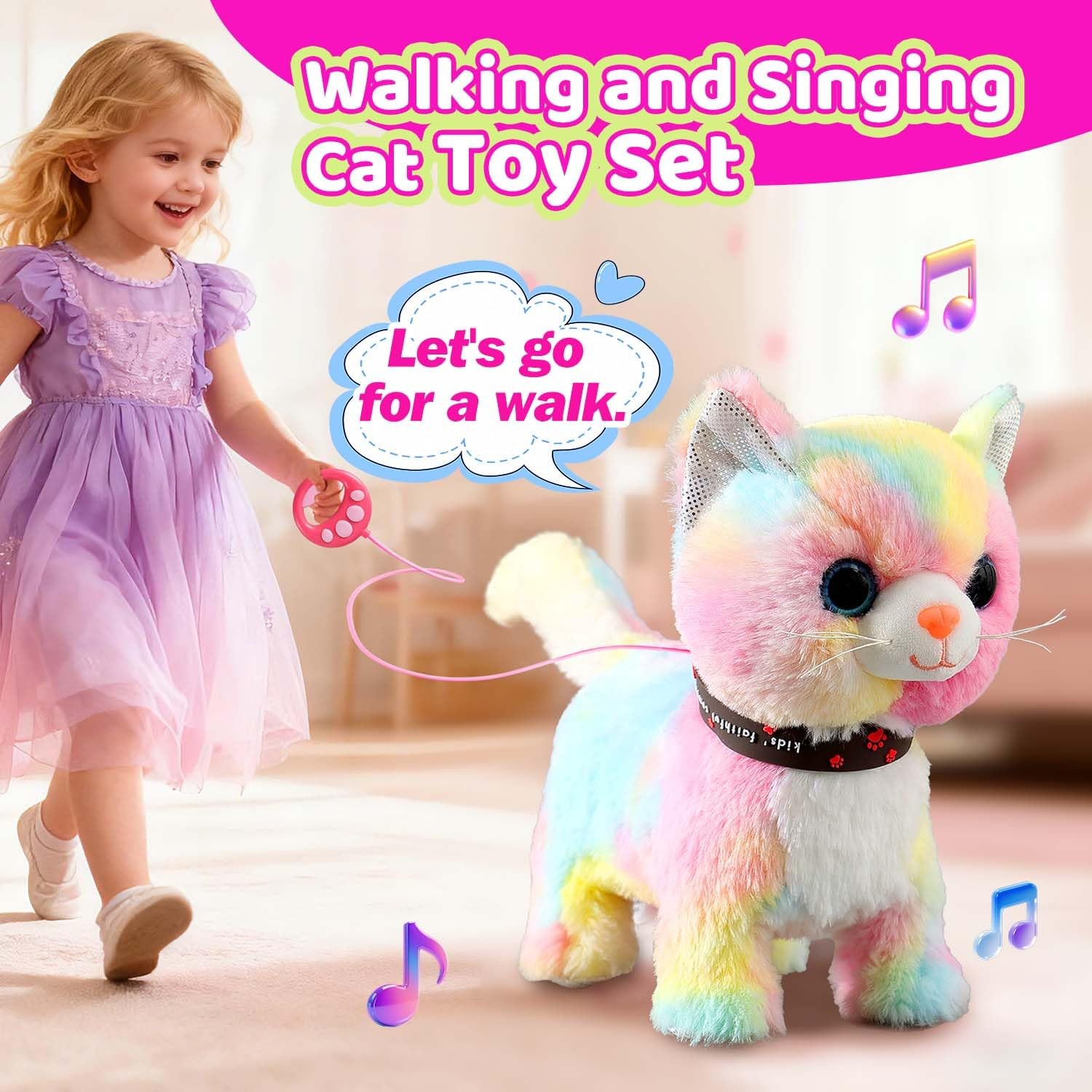 Colorful Walking Cat Toy for Kids, Girls; Purrs, Meows, Animated Play Kitten