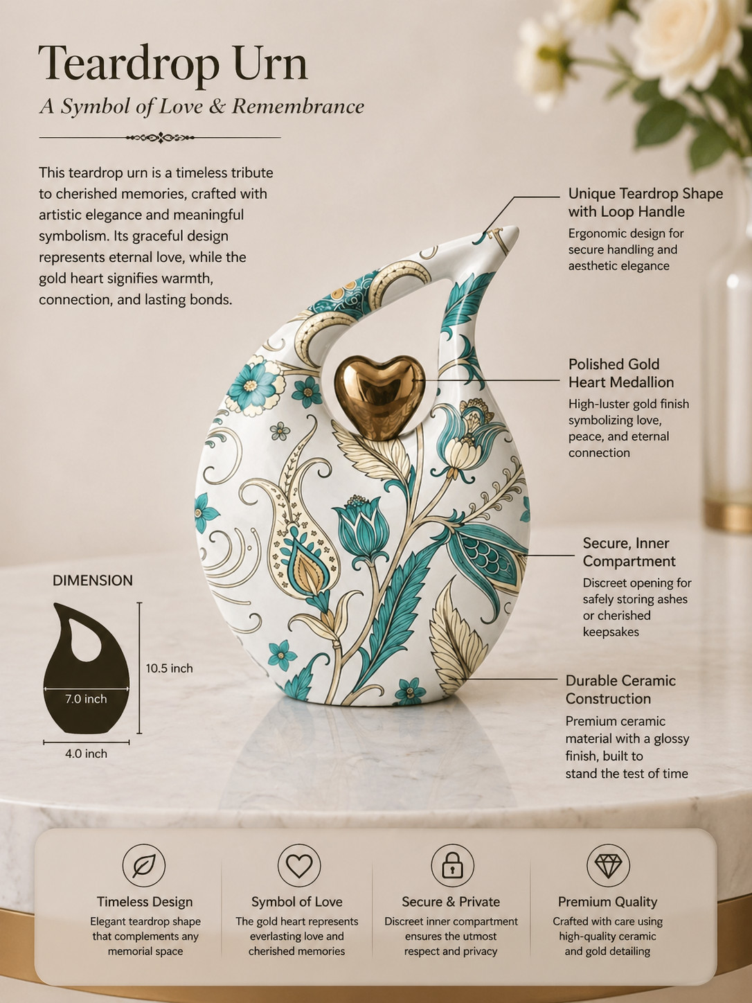 White Teardrop Cremation Urn for Ashes Floral Design with Gold Heart Accent Urns