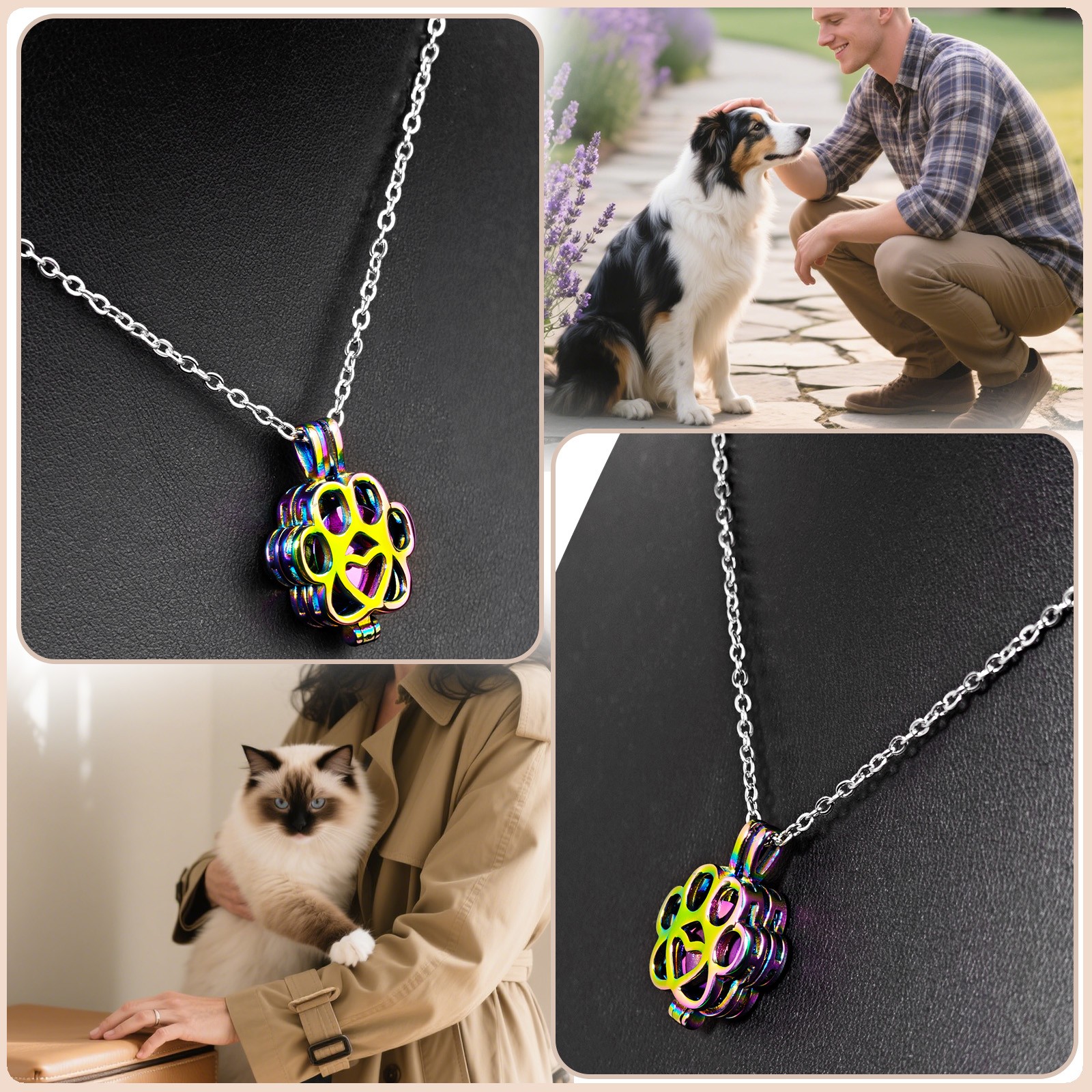 Paw Print Heart Pet Ashes Memorial Necklace with Inner Box For Dog&Cat Rainbow