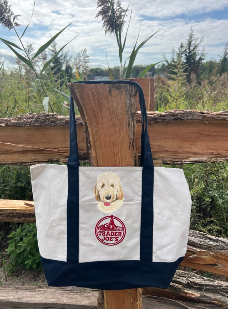TRADER JOES LARGE CANVAS TOTE BAG HAND PAINTED DOG PET PORTRAIT FROM PHOTO