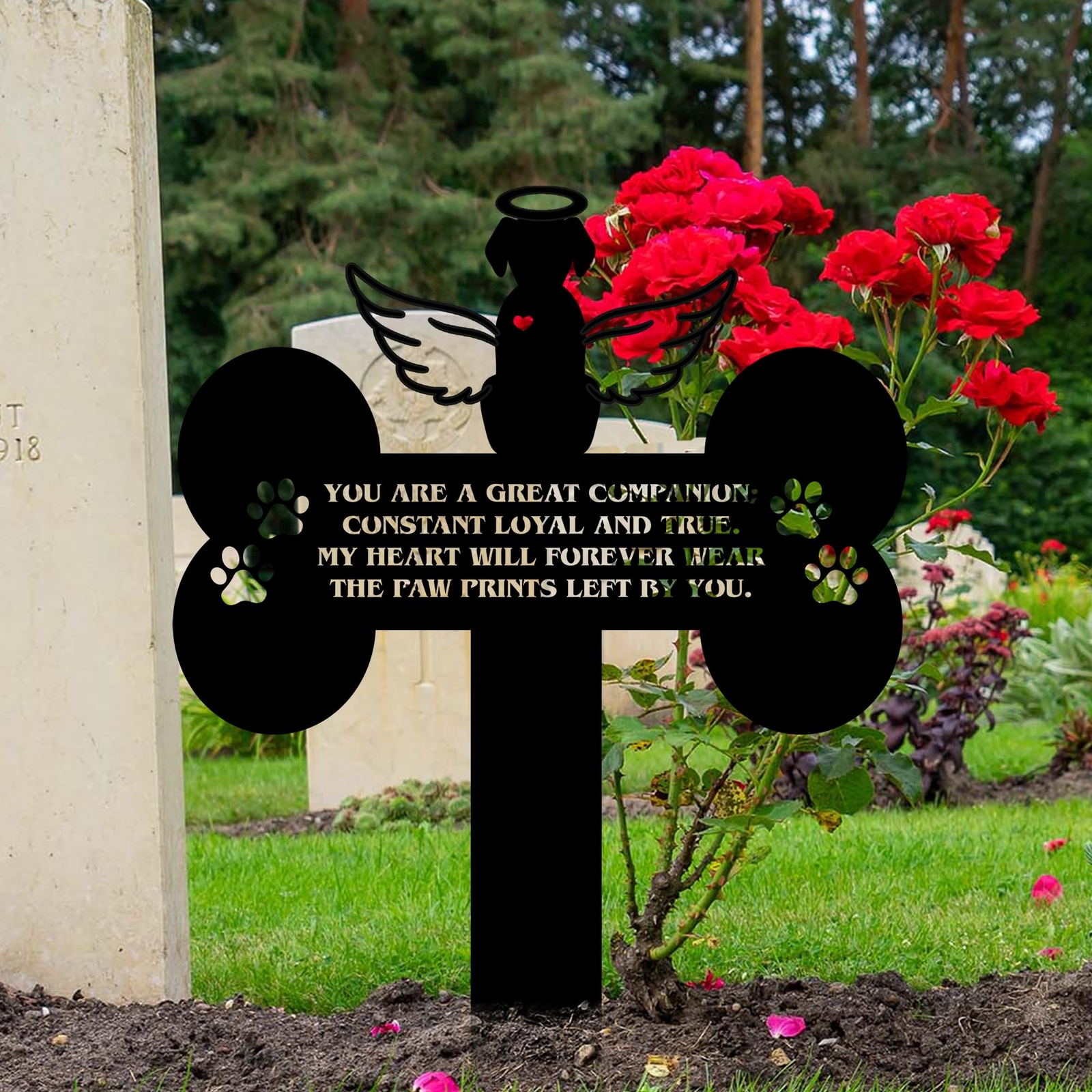 12in Dog Grave Marker Angel Cross Metal Pet Memorial Remembrance Headstone