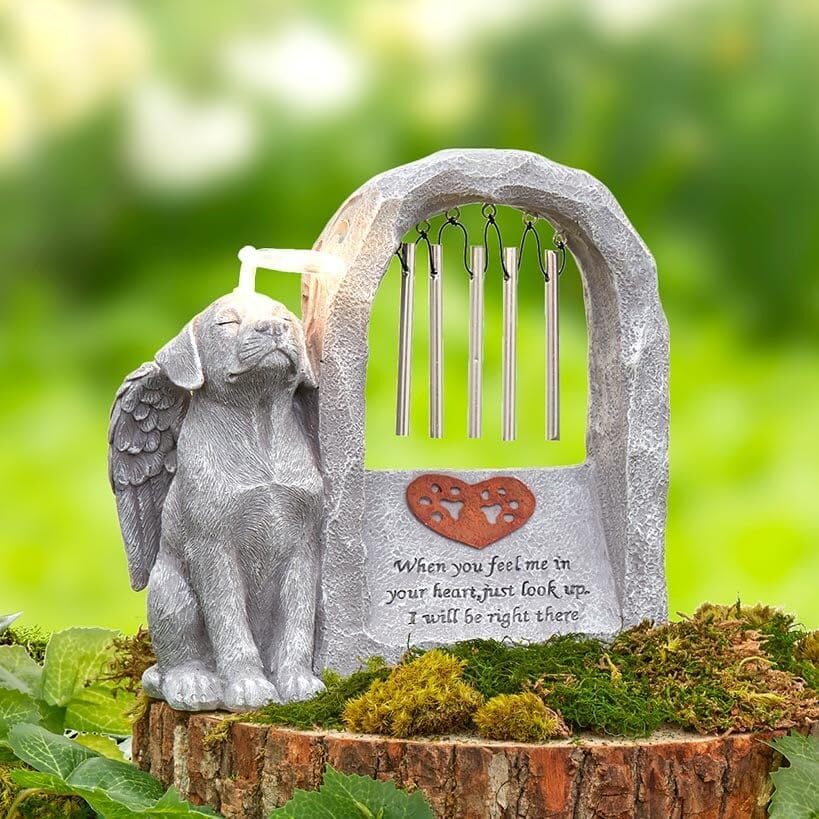 Solar Pet Memorial Figurine Statue Angel Halo Wind Chimes Grave Stone Cat or Dog