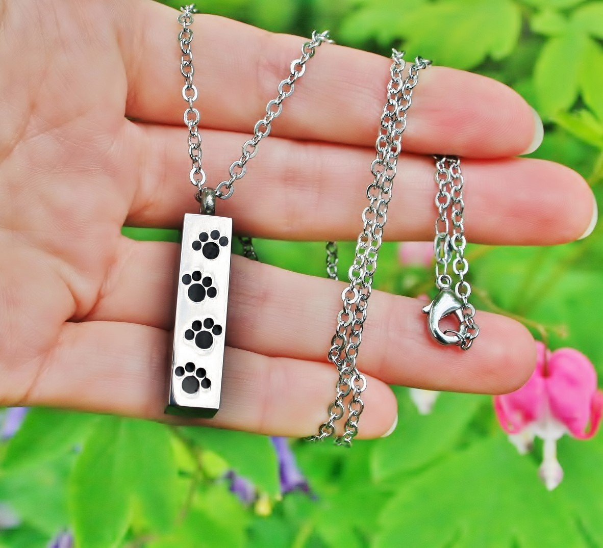 Pet Cremation Urn Necklace Men’s Unisex Vial Cat Dog Ash Jewelry Paw Prints Paws