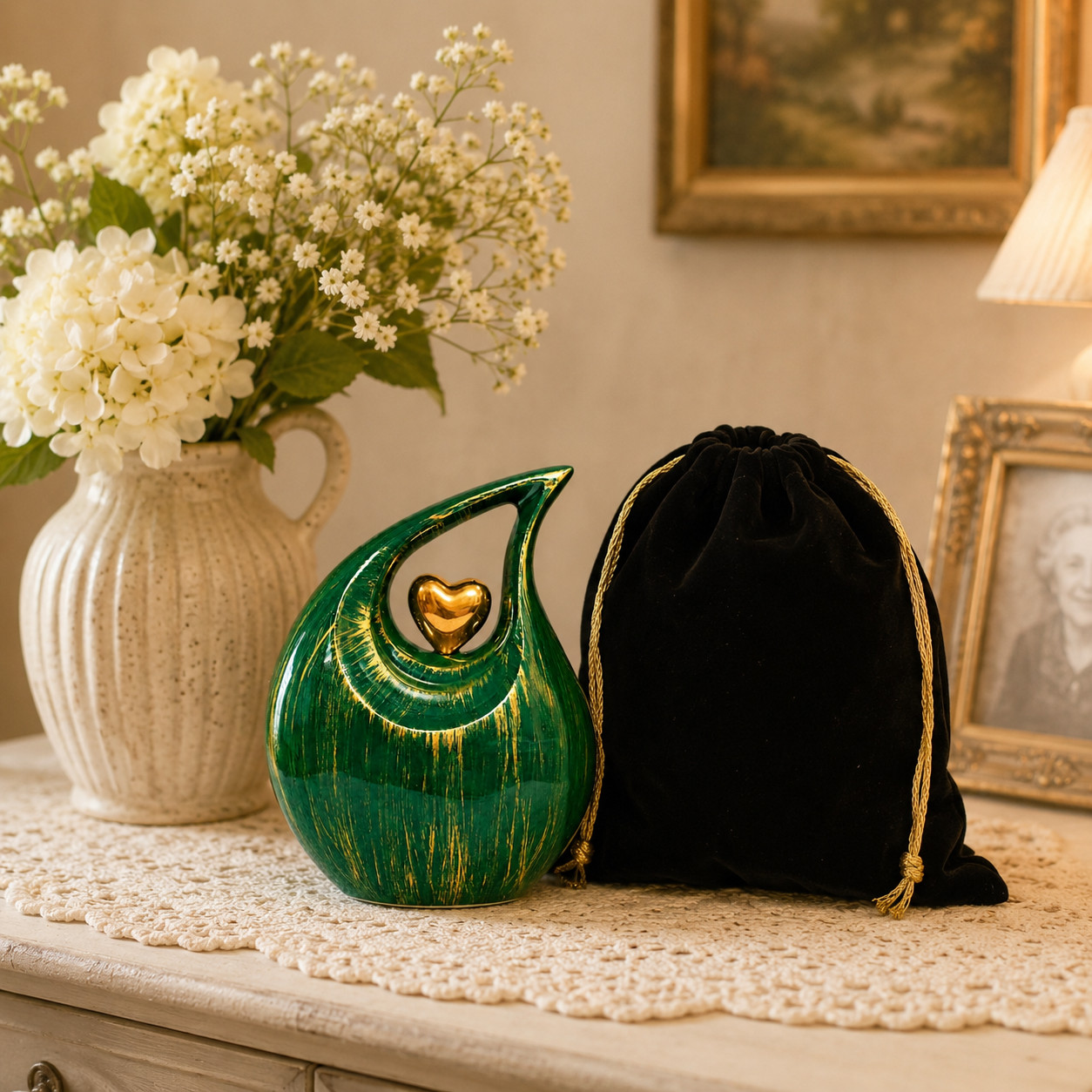 New Large Green Gold Teardrop Cremation Urn Human Adult Ashes 200 Cu In Memorial