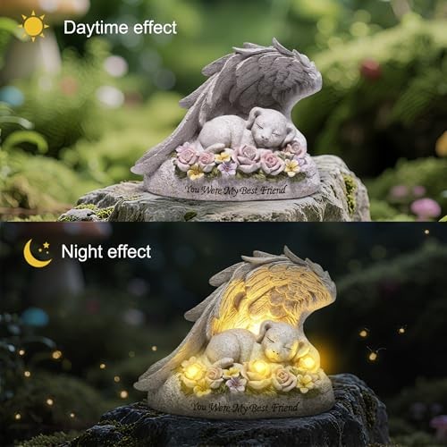 Solar Pet Memorial Garden Statue, Resin Dog Memorial Dog in Angel Wing