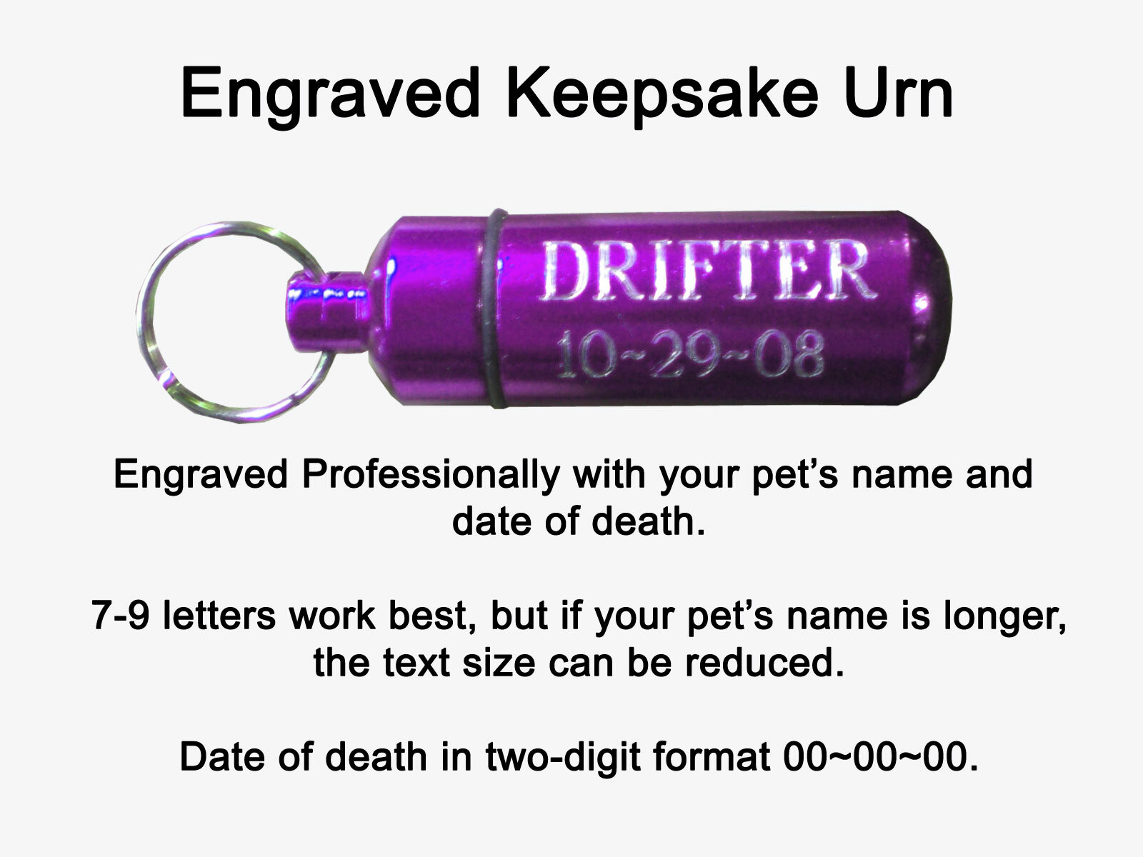 Engraved Pet Keepsake Urn Memorial Key Chain Dog Cat Any Pet