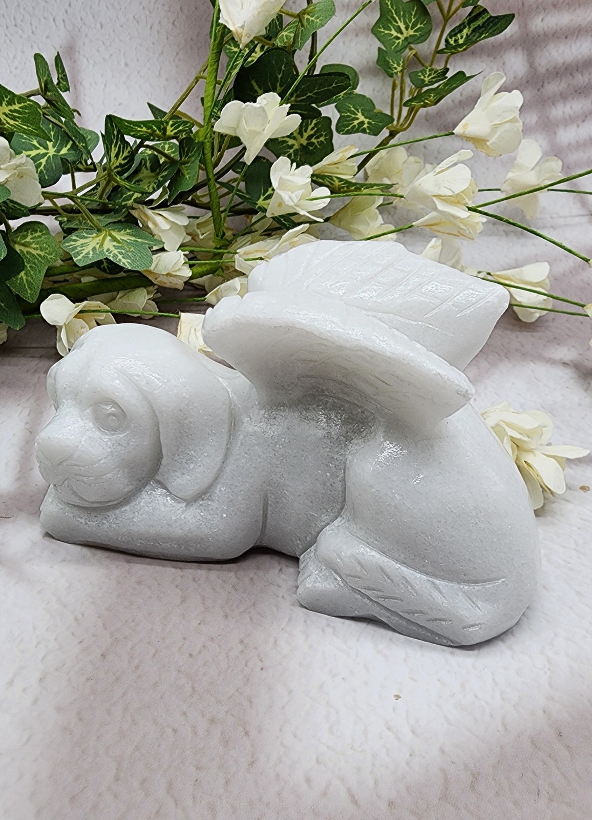 White Jade, Winged Angel Dog, Pet Memorial, Pet Loss Gift, Gemstone Carving